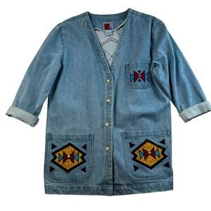 Vintage S Small Denim Jacket Southwest Aztec Embroidered Oversized Made in USA